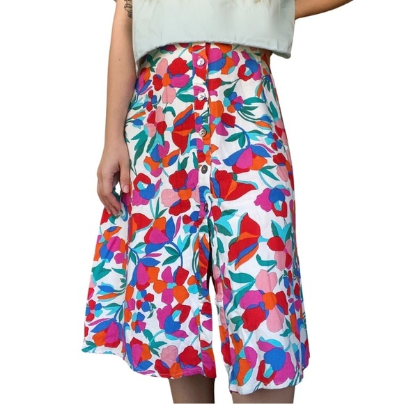 Olivaceous Dresses & Skirts - OLIVEACEOUS Linen Blend Floral Button Down Midi Skirt with Shell Buttons